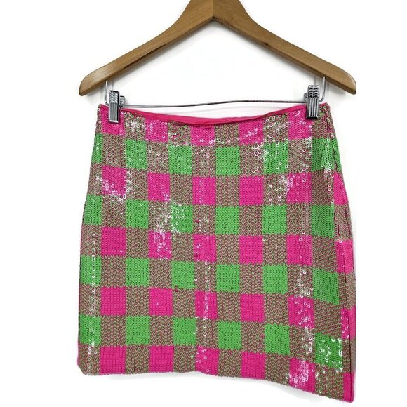 New Trina Turk Rico Mini Skirt Womens 2 Pink Green Checkered Sequins - Picture 2 of 6